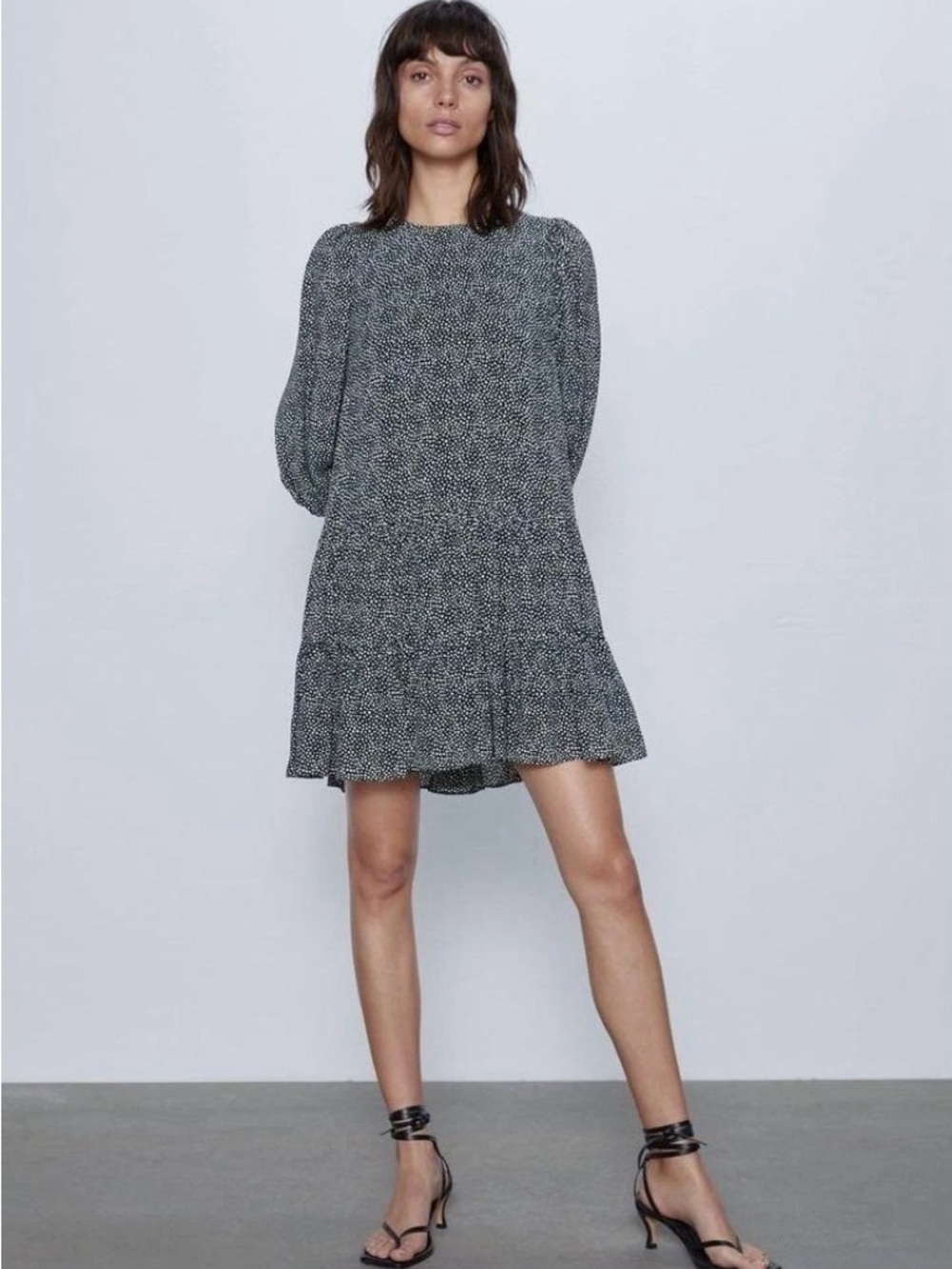 ZARA Micro Dot Ruffle Tiered Black & White Balloon Sleeve Mini Relaxed Dress S